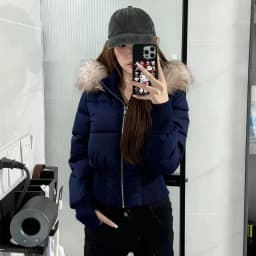 Women Korean Vintage Fur Collar Hooded Cropped Puffer Jacket Autumn Winter Y2K Fashion Warm Short Coat High Waist Slim Outwear