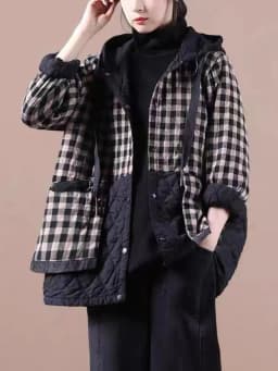 Thiened Cotton Jaet Women's Autumn Winter Plaid Splicing Coat Button Design Casual Artistic Sle Long Sve Hooded Coat