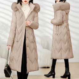 Winter Long Slim Fit down Cotton Jacket Women's Knee-Length Removable Sleeve Fur Collar Warm Thickened Zipper Closure Coat