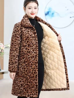 2024 New Leopard Print Thickened Fleece Cotton Jacket Fashionable Home Wear Women's Coat Long Pants Regular Sleeve Hooded