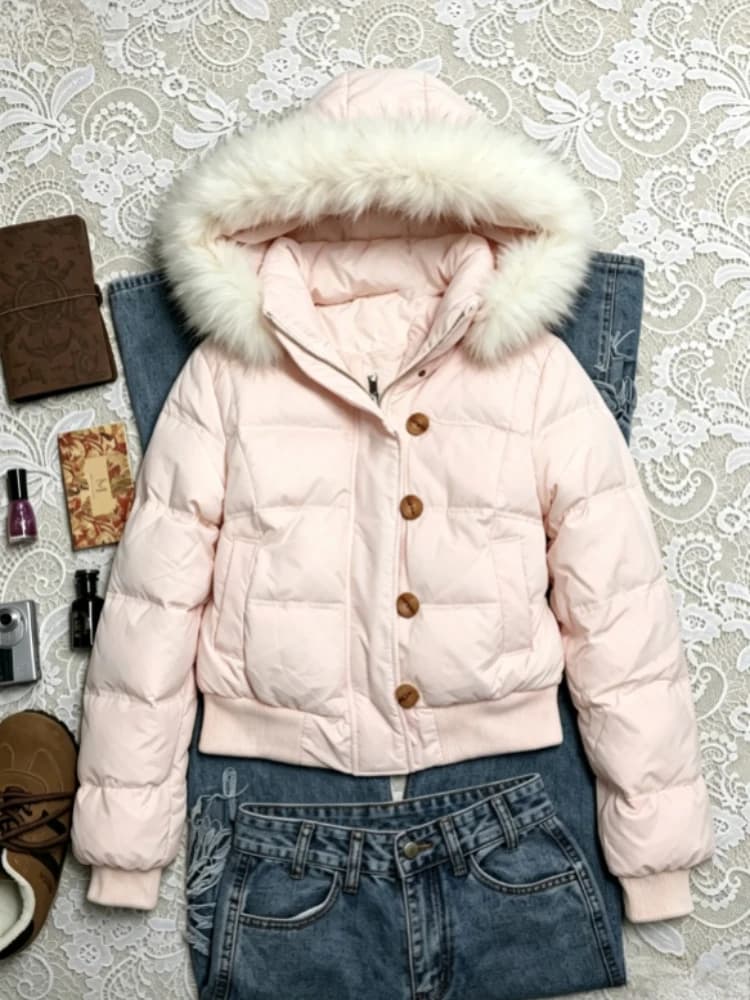 Korean Style Women Y2K Vintage Winter Parka Faux Fur Collar Warm Cotton Padded Casual Streetwear Thick Loose Outer Daily Garment