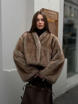 Winter Faux Fur Jacket Coat Women V Neck Cropped Batwing Long Sleeve Fluffy Mottled Tone Thicken Warm Loose Oversized Outerwear