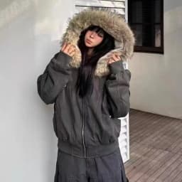 Korean Fashion 2026 Women Y2K American Vintage Faux Fur Collar Harajuku Warm Cotton Padded Outwear Casual Winter Parka Coat ****