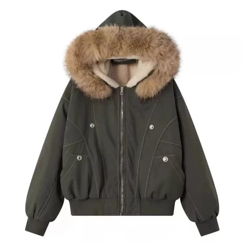 Korean Fashion 2026 Women Y2K American Vintage Faux Fur Collar Harajuku Warm Cotton Padded Outwear Casual Winter Parka Coat ****