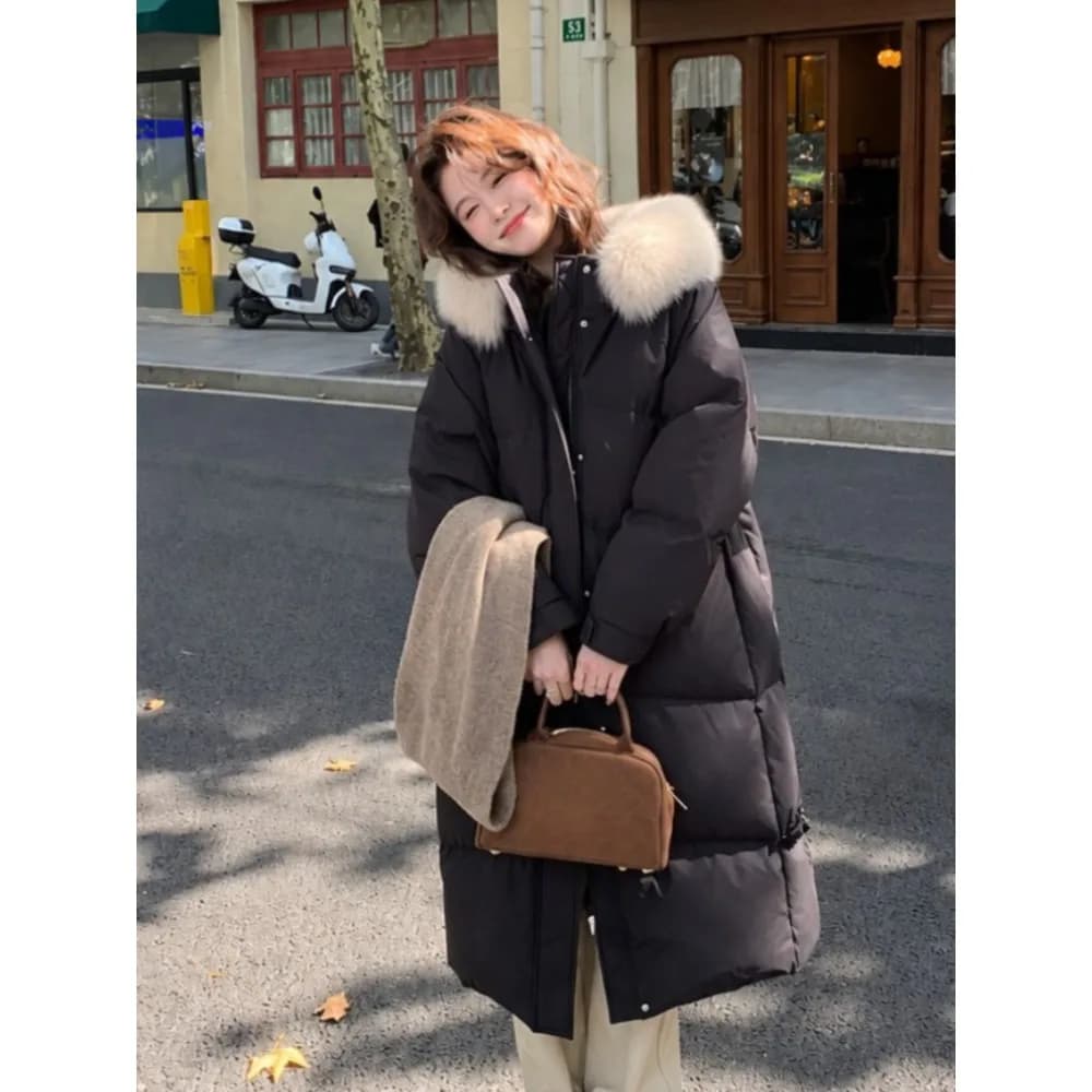 2026 Korean Fashion Women Parkas Faux Fur Collar Long Coats Winter Warm Overcoats Y2K Casual Vintage Outerwear Jackets