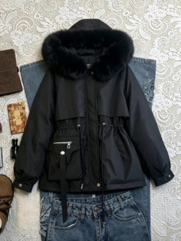 Female Lace‑up Loose Short Pocket Parka Jacket Autumn Winter Faux Fur Collar Cotton Padded Commute Fashion Daily Ladies Outwear