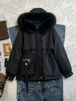 Female Lace‑up Loose Short Pocket Parka Jacket Autumn Winter Faux Fur Collar Cotton Padded Commute Fashion Daily Ladies Outwear