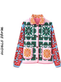 Slim Fit Short Cotton Jacket for Women with Large Pockets Turn-down Collar Light Weight Autumn Winter Green Floral Print Coat