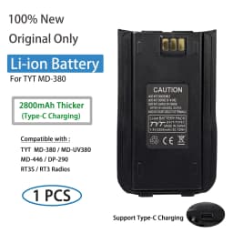 TYT MD-UV380 Li-ion Battery MD-446 Thickened Battery Original 2800mAh Type-C Charging Compatible with MD-380 DP-290 RT3S Radios