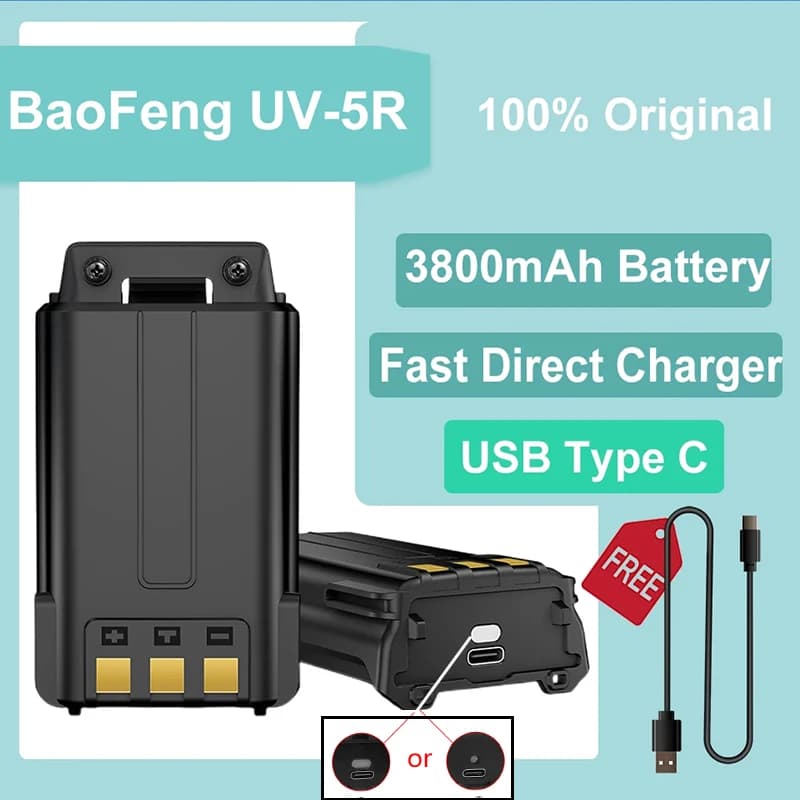 UV5R Battery USB Type C Fast Charge Baofeng Walkie Talkie 1800mAh/3800mAh Li-Ion Enlarge Battery Upgrade For UV-5RE BF-F8 Radios