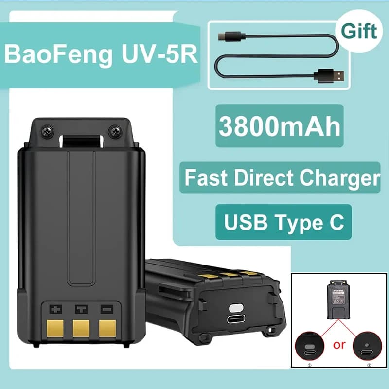 Baofeng UV-5R 3800mAh Battery Thicker Original Enlarge USB C UV-5R BF-F8HP UV-5RE UV-5X3 Walkie Talkie Li-ion Extended Battery