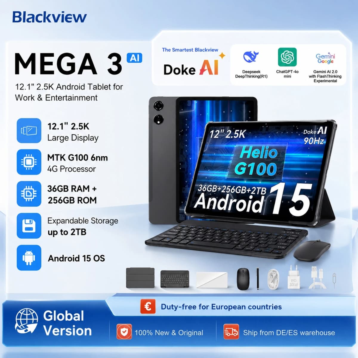 Blackview MEGA 3 Tablet PC With Wireless Keyboard/Mouse,12.1 inch 2.5K FHD+ Display, Android 15 Pad, MTK G100 Octa Core, 36GB 256GB ROM, 8800mAh