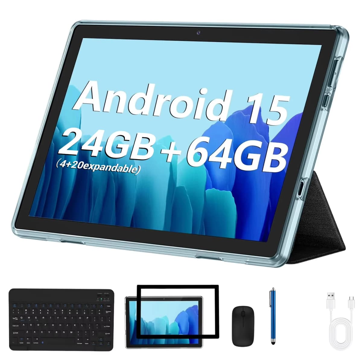 COLORROOM 10.1 Inch Android 15 Tablet with Keyboard Mouse, 2 in 1 Tablet PC, 24GB RAM 64GB ROM, GMS, 1TB Expandable, IPS Tablet