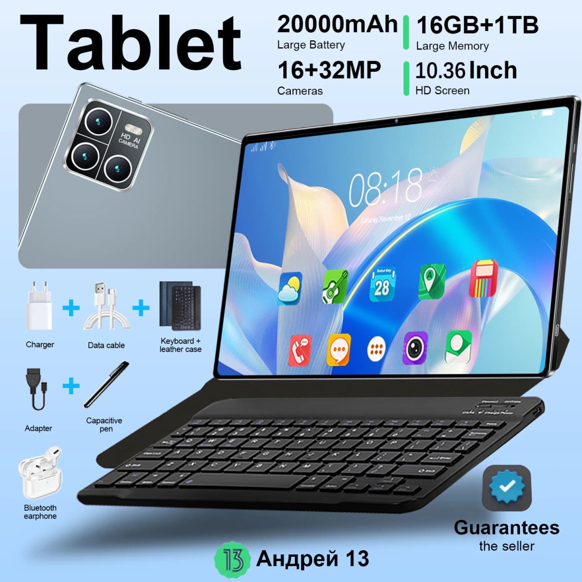 5G Tablet Pc Android 13 Google Play 14 Core 10.36 Inch Dual Cameras Dual SIM Phone Call Bluetooth Tablets Wifi 16GB + 1TB ROM