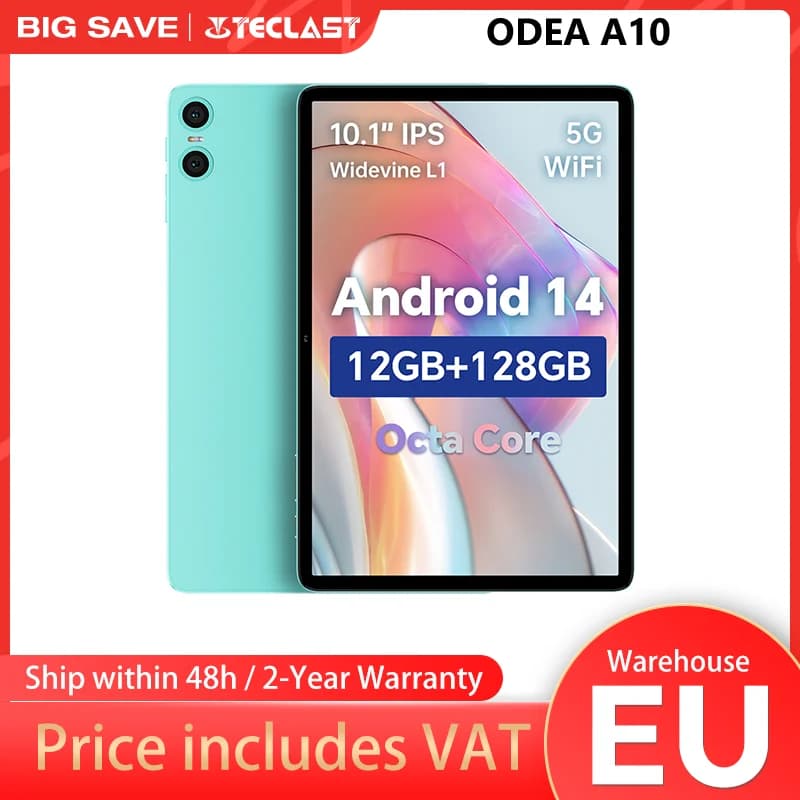 Teclast ODEA A10 Tablet for children, Widevine L1, 10.1 inches, 12GB(4GB+8GB) RAM, 128GB ROM, 8 cores, UNISOC T606, 1280x800, Android 14, Mali-G57, 6000mah, 5MP+2MP, Supports TF up to 1TB, GPS