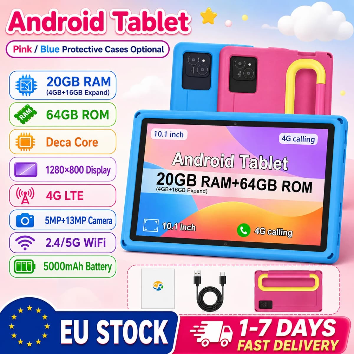 KOOMDIGI 10.1 Inch Android 4G LTE Tablet PC MTK6755 Octa Core 20GB RAM (4GB+16GBExpand) 64GB ROM 1280×800 IPS Display Dual Band 2.4G/5G WiFi 5000mAh 5MP+13MP Dual Camera 4G Calling