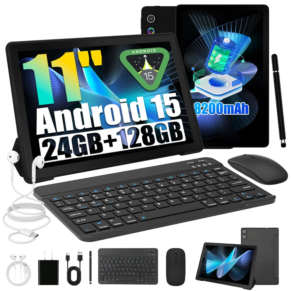 11 inch Android 15 Tablet PC 24(4+20)GB RAM 128GB ROM A523 Octa‑Core HD LCD 6800(8200)mAh Adult Tablet Full Set with Keyboard Mouse Case Stylus Pen Headphones Charger White Black