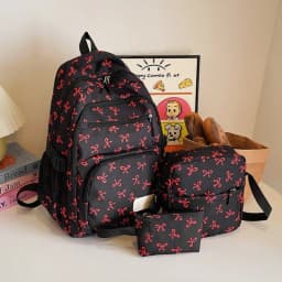 3 Pcs/Set Korean Fashion Bow Print Women Fashion Backpack Lightweight Simple Student School Bag Adjustable Strap Travel Backpack