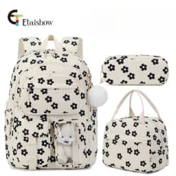 3pcs Corduroy College Backpack with Lunch Bag Pencil Case Cute Girl School Strawberry Print Bookbag Daypack Set for Teens Women