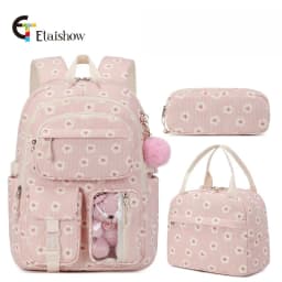 3pcs Corduroy College Backpack with Lunch Bag Pencil Case Cute Girl School Strawberry Print Bookbag Daypack Set for Teens Women