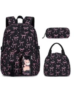 3pcs Corduroy College Backpack with Lunch Bag Pencil Case Cute Girl School Strawberry Print Bookbag Daypack Set for Teens Women
