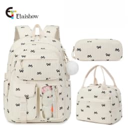 3pcs Corduroy College Backpack with Lunch Bag Pencil Case Cute Girl School Strawberry Print Bookbag Daypack Set for Teens Women