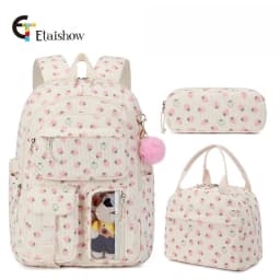 3pcs Corduroy College Backpack with Lunch Bag Pencil Case Cute Girl School Strawberry Print Bookbag Daypack Set for Teens Women