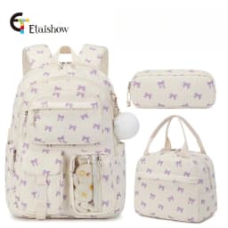 3pcs Corduroy College Backpack with Lunch Bag Pencil Case Cute Girl School Strawberry Print Bookbag Daypack Set for Teens Women