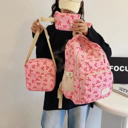 Korean Fashion Bow Print Women Fashion Backpack Simple Student Schoolbag college student backpack Set Three-Piece
