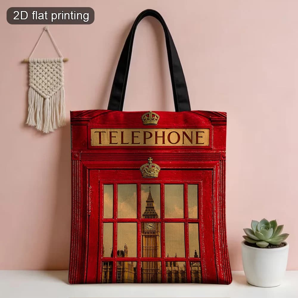 1pc British-Themed London Telephone Booth & Big Ben Tote Bag Double-Sided Printed Reusable Foldable Grocery Bag