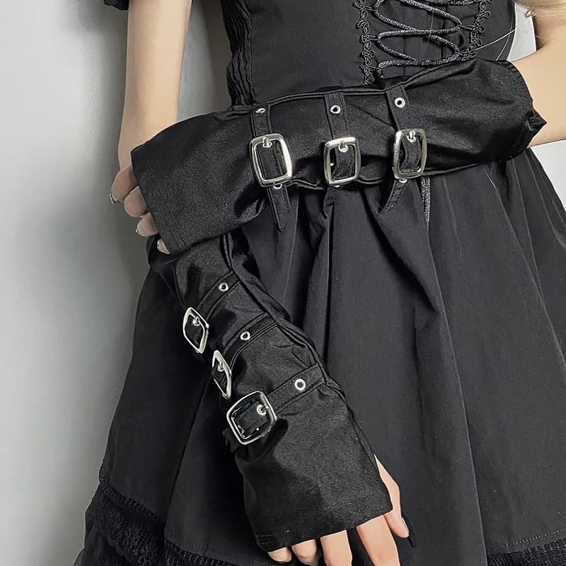 Black Half-Finger Gloves Punk Metal Buckle With Exposed Finger Women Party Button Sleeves Halloween Cosplay Stage Performance