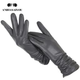 Classic Pleated Leather Gloves Women Color Real Leather Gloves Women Sheepskin Genuine Leather Winter Gloves Women-2081