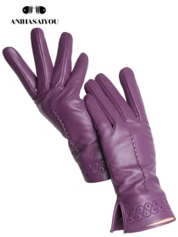 New Sheepskin Winter Gloves Warm Plus Velvet Short Thin Driving Women's Gloves Color Embroidery Design Leather Gloves-2229