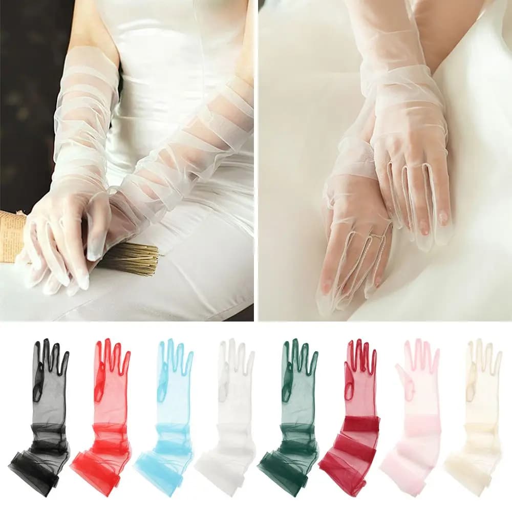 Women Sexy Lace Gloves White Mesh Tulle Gloves Lady Vintage Wedding Mittens For Lady Driving Gloves Thin Elbow Long Gloves