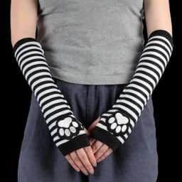 Unisex Black Fingerless Gloves Y2K Gothic Lolita Arm Cover Cute Cat Claw Paw Warmer Striped Sleeves Gloves Long Tube for Women