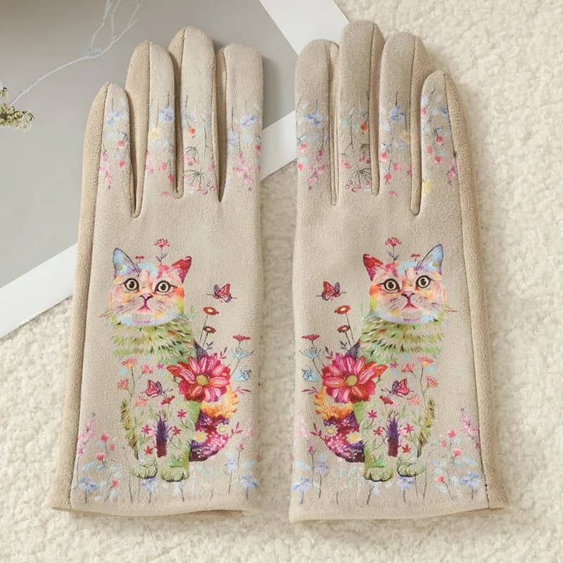 Cartoon Printing Cute Cat Dog Oil Painting Suede Gloves Women Winter Thickened Warm Touchscreen Gloves Student Girl Prevent Cold