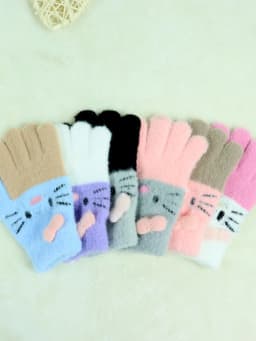 Winter Warm Woolen Gloves for 4-10 Years Old Cute Cartoon Cat Fingers Children's Color Block Gloves