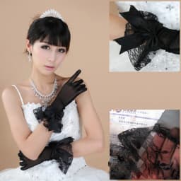 Ladies Important Dress Gloves Short Net Yarn Lace Bow Gloves Red Black Beige White B100