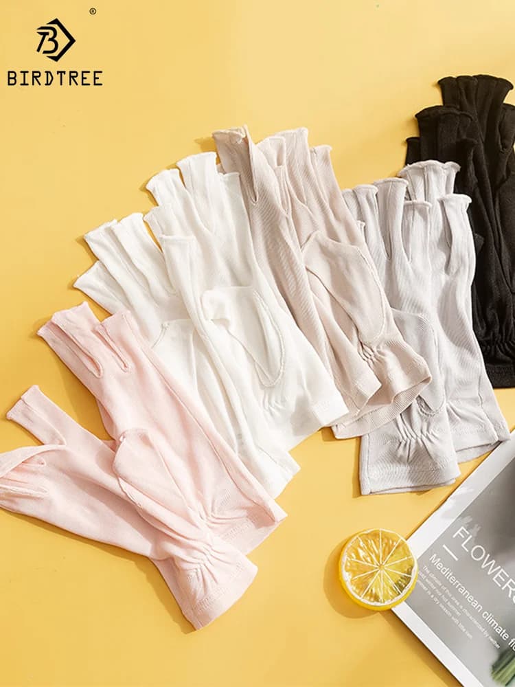 Birdtree, 100%Real Silk Knitted Gloves, Sun Protection Moisturizing, Women Half Finger Gloves, Breathable Skin Friendly A43876QM