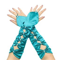 Women Hollow Hook Finger Bow Ceremonial Etiquette Satin Gloves Cosplay Dinner Party Evening Dress Matching Princess