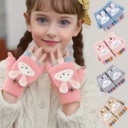 Cozy Cute Cartoon Girls' Winter Gloves Warm Cold-Proof Flip Top Design for Writing and Skiing Polyester Blend Hand Washable