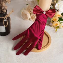 Elegant Satin Wedding Dress Bridal Red Short Gloves Retro Pearl Bow Women Photograph Prom Etiquette Performance Accessories