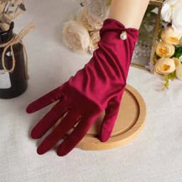 Elegant Satin Wedding Dress Bridal Red Short Gloves Retro Pearl Bow Women Photograph Prom Etiquette Performance Accessories