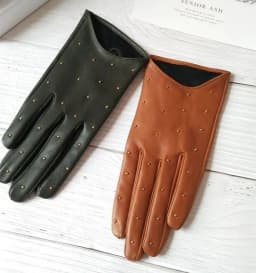 Women's Spring Autumn Natural Sheepskin Leather Gloves Female Genuine Leather Punk Style Rivet Motorcycle Driving Gloves R755