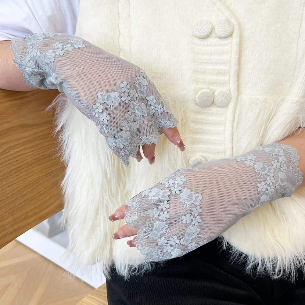 New Mesh Flower Sunscreen Mittens Touch Screen Breathable Printing Half Finger Gloves Party Summer Lace Gloves