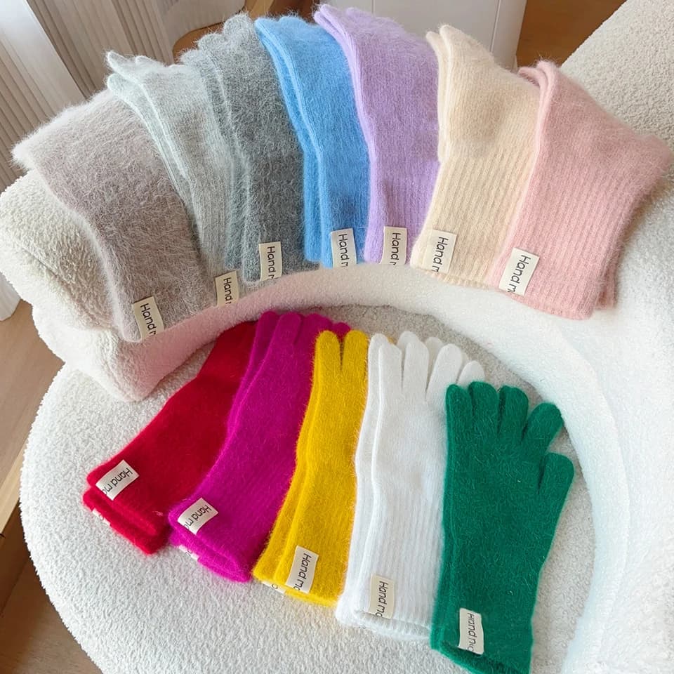 27CM Women Autumn Winter Keep Warm Long Knitted Yarn Gloves Elasticity Solid Simple Style Multicolor Imitation Rabbit Hair Cute