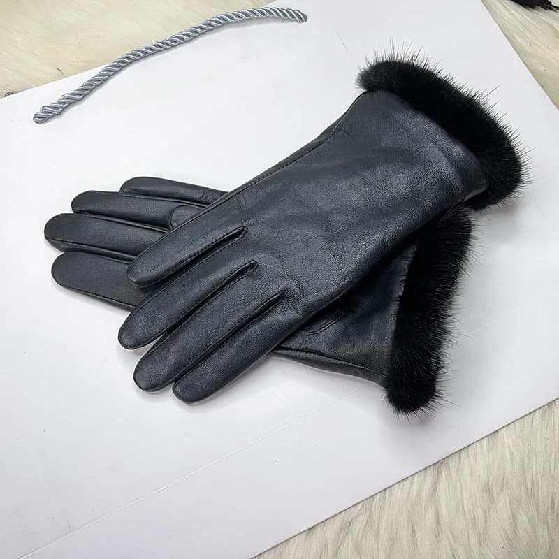 Male And Female Mink Fur Gloves Sheepskin Velvet Lining Black Women's Leather Gloves Men's High-grade Mink Fur Motorcycle Gloves