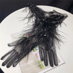 Women's Elegant Black Feather Long Mesh Glove Female Spring Summer Vintage Sunscreen Driving Photograph Party Glove R2126