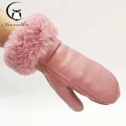 Women's Winter Sheepskin Thickened Gloves, Imitation Rex Rabbit Fur Cuffs Warmth, Mittens Cute Furry Outdoor Sport Female Gloves