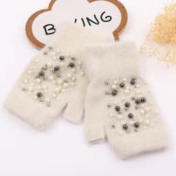 Winter Rabbit Fur Thicken Warm Knit Gloves Fashion Women Elasticity Diamonds Pearl Half Finger Touch Screen Gloves H22